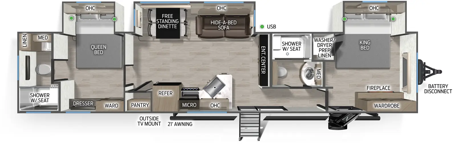 The Cherokee Black Label 39HBABL floorplan has two entries and three slide outs. Exterior features include: fiberglass exterior and  outside entertainment. Interiors features include: free-standing dinette option, front bedroom, two bedrooms, rear bathroom and two full bathrooms.